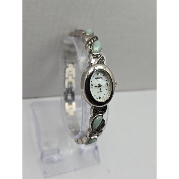 Gruen Womens Quartz Watch Jade Marcasite Bracelet Silver Tone MOP New Battery - Picture 3 of 10